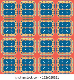 Original seamless print with multicolor square patterns on a red background. Vector illustration