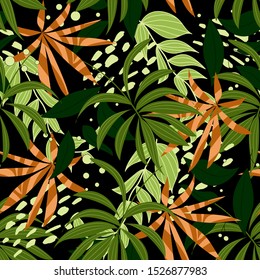 Original seamless tropical pattern with beautiful orange and green leaves and plants on dark background. Modern abstract design for fabric, paper, interior decor. Exotic wallpaper. Hawaiian style.