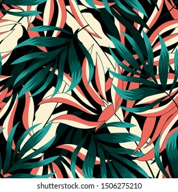 Original seamless tropical pattern with bright blue and pink plants and leaves on a pastel background. Exotic style. Summer colorful hawaiian seamless pattern with tropical.