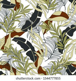 Diseño tropical original sin fisuras con plantas verdes brillantes y hojas sobre un fondo blanco.Hermoso patrón floral vectorial sin fisuras. Hermosas plantas exóticas. Impresión Hawaii de verano de moda.