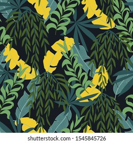 Original seamless tropical pattern in bright colors on a dark background. 
Seamless exotic pattern with tropical plants. Tropic leaves in bright colors.