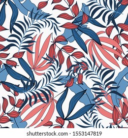 Original seamless tropical pattern with bright plants and leaves on white background. 
Jungle leaf seamless vector floral pattern background. Tropic leaves in bright colors.