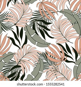 Original seamless tropical pattern with bright pink plants and leaves on white background.  Vector design. Jungle print. Floral background.  
Exotic tropics. Summer.