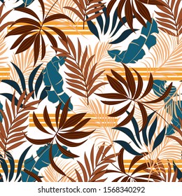 Original seamless tropical pattern with bright blue and red plants and leaves on white background. Beautiful seamless vector floral pattern. 
Summer colorful hawaiian seamless pattern.