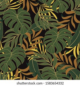 Original seamless tropical pattern with bright yellow and green plants and leaves on a brown background. Seamless pattern with colorful leaves and plants. Tropical botanical.