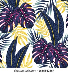 Original patrón tropical sin fisuras con plantas brillantes y hojas sobre un delicado fondo. Hojas tropicales en colores brillantes. Hermoso patrón floral vectorial sin fisuras.