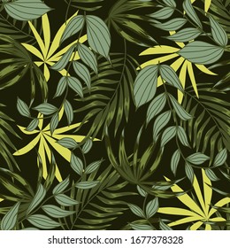 Original seamless tropical pattern with bright leaves and plants on a brown background. Exotic jungle wallpaper. Seamless exotic pattern with tropical plants. Summer colorful hawaiian.