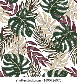 Original seamless tropical pattern with bright leaves and plants on a white background. Jungle leaf seamless vector floral pattern background. 
Tropical botanical.