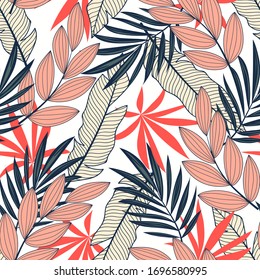 Original seamless tropical pattern with bright plants and leaves on a white background. Seamless pattern with colorful leaves and plants. Exotic wallpaper. Hawaiian style.