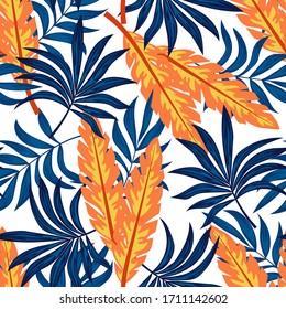 Original seamless tropical pattern with bright plants and leaves on a white background. 
Jungle leaf seamless vector floral pattern background. Exotic tropics. Summer.