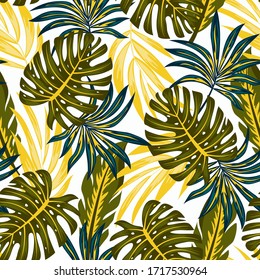Original seamless tropical pattern with bright plants and leaves on a white background. 
Seamless pattern with colorful leaves and plants. 
Beautiful exotic plants. 