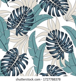 Original seamless tropical pattern with bright plants and leaves on a light background. Beautiful print with hand drawn exotic plants. 
Trendy summer Hawaii print.