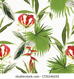 Original seamless tropical pattern with bright leaves and Gloriosa glory lily flowers background. Modern abstract design for fabric, paper, interior decor. Hawaiian style.