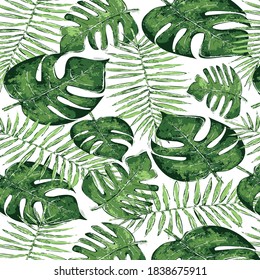 Patrón tropical original sin fisuras con hojas y plantas brillantes sobre un fondo blanco. Diseño abstracto moderno para tejidos, papel y decoración interior. Estilo hawaiano.