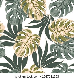 Original seamless tropical pattern with bright plants and leaves on a delicate background. Beautiful exotic plants.  Beautiful print with hand drawn exotic plants. Trendy summer Hawaii print.