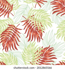 Original seamless tropical pattern with bright colorful plants and leaves on a delicate background. Beautiful exotic plants.  Seamless pattern with colorful leaves and plants.