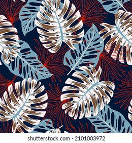 Originelles, nahtloses tropisches Muster mit hellen Pflanzen und Blättern auf dunklem Hintergrund. Tropisch-botanisch. Modernes abstraktes Design für Stoff, Papier, Inneneinrichtung.
Tropische Blätter in hellen Farben.