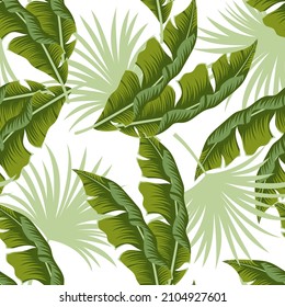 Original seamless tropical pattern with bright plants and leaves on a pastel background. Seamless exotic pattern with tropical plants. Seamless pattern with colorful leaves and plants.