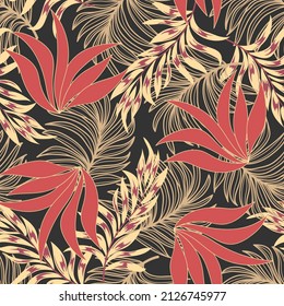 Patrón tropical original sin fisuras con plantas brillantes y hojas sobre un fondo verde oscuro. Patrón exótico sin foco con plantas tropicales. Fondo de patrón floral vectorial sin costuras de hoja de jungla.