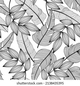 Original seamless tropical pattern with bright plants and leaves on a white background. Jungle leaf seamless vector floral pattern background. Exotic jungle wallpaper.