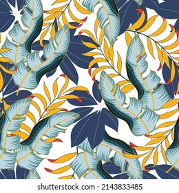 Original seamless tropical pattern with bright plants and leaves on a pastel background. Modern abstract design for fabric, paper, interior decor. Exotic wallpaper. Printing and textiles. 