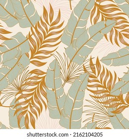 Original seamless tropical pattern with bright plants and leaves on a beige background. Seamless pattern with colorful leaves and plants. Tropical botanical. Exotic wallpaper.