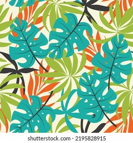 Original seamless tropical pattern with bright plants and leaves on a pastel yellow background. Beautiful print with hand drawn exotic plants. Seamless exotic pattern with tropical plants.