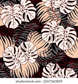 Original seamless tropical pattern with bright flowers and plants on a black background. Colorful stylish floral. Modern abstract design for fabric, paper, interior decor.