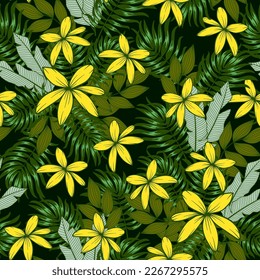 Originelles, nahtloses tropisches Muster mit hellen Blumen und Pflanzen auf dunklem Hintergrund. Trendsommer Hawaii Druck. Nahtlose Muster mit bunten Blättern und Pflanzen. Tropische Blätter in hellen Farben.