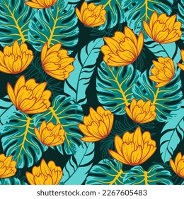 Original seamless tropical pattern with bright flowers and plants on a blue background. Beautiful print with hand drawn exotic plants. Colorful stylish floral. Vintage pattern. Hawaiian style.