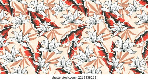 Original seamless tropical pattern with bright plants and leaves on a pastel background. Jungle leaf seamless vector floral pattern background. Beautiful exotic plants.  
Colorful stylish floral.