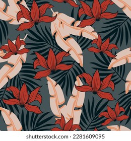 Original seamless tropical pattern with bright plants and flowers on a gray background. Tropical botanical. Vintage pattern. Beautiful seamless vector floral pattern. Hawaiian style.