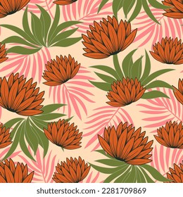 Original seamless tropical pattern with bright plants and flowers on a beige background. Seamless exotic pattern with tropical plants. Exotic wallpaper. Summer colorful hawaiian.