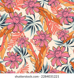 Original seamless tropical pattern with bright plants and flowers on a beige background. Beautiful print with hand drawn exotic plants. Colorful stylish floral. Trendy summer Hawaii print.