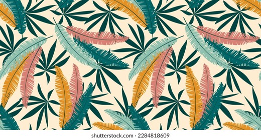 Original seamless tropical pattern with bright plants and flowers on a pastel background. Seamless exotic pattern with tropical plants. Colorful stylish floral. Summer colorful hawaiian.