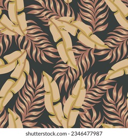 Original seamless tropical pattern with bright plants and leaves on a black background. Beautiful seamless vector floral pattern. Hawaiian style. Vector design. Jungle print. Floral background. 