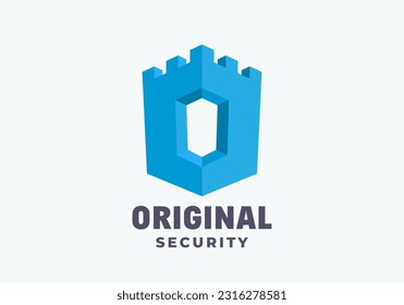 Original Security Abstract Vector Emblem Logo Template. Capital letter O incorporated into Castle Tower. Isolated