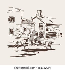 original sepia ink sketch drawing of ancient fort in Petrovac Montenegro, Balkans, Adriatic sea, Europe, travel vector illustration