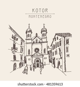 original sepia sketch drawing of Church of Saint Tryphon in Kotor Montenegro,world heritage site of UNESCO, travel postcard vector illustration