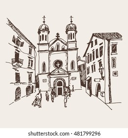 original sepia sketch drawing of Church of Saint Tryphon in Kotor Montenegro, travel postcard vector illustration