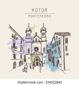 original sepia sketch drawing of Church of Saint Tryphon in Kotor Montenegro,world heritage site of UNESCO, travel postcard vector illustration