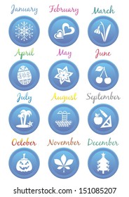 Original set of blue calendar icons with month symbols and names
