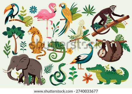 Original set featuring sloth leopard elephant crocodile flamingo toucan parrot snake and chameleon with jungle plants in flat cartoon illustration