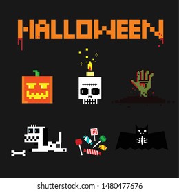 Original set. Halloween elements. Pixel art 8 bit. Icons and objects. Vector illustration.