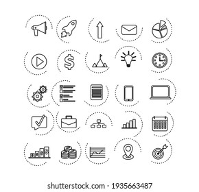 Original set of linear outline business icons for web. Vector collection of icons for business, finance, management, strategy, marketing. Stylish minimalistic icons