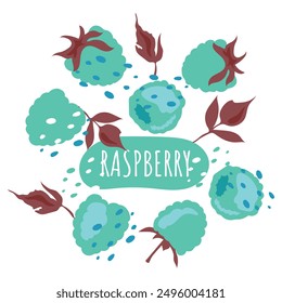 Original Set of menthol raspberries with brown leaves and dots. Fresh, summer and tasty berries. Vector label.