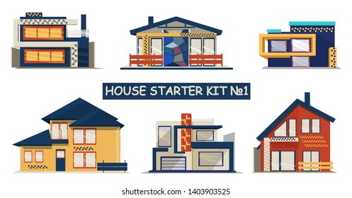 Original Set of Modern scandinavian cottage house, front view, isolated on white. Flat Style American or Sweden,  Greek Townhouse. Vector Illustration.
