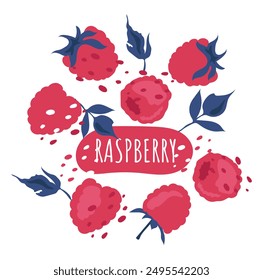 Original Set of red raspberries with blue leaves and dots. Fresh, summer and tasty berries. Vector label.