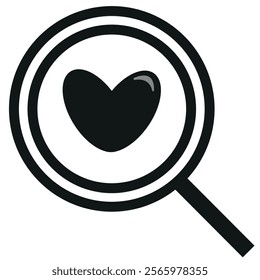 original simple black and white magnifying glass icon with a heart placed in the middle of the magnifying glass, valentine's day design