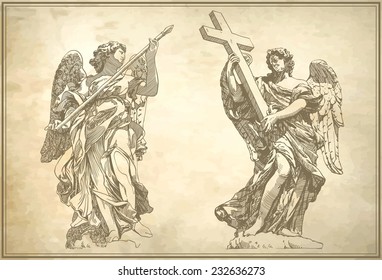 original sketch digital drawing of marble statue of two angels on old paper background from the Sant'Angelo Bridge in Rome, Italy, vector illustration